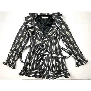 Peter Nygard Petite Jacket Womens 6 Lined Belted Ruffles Front Black White